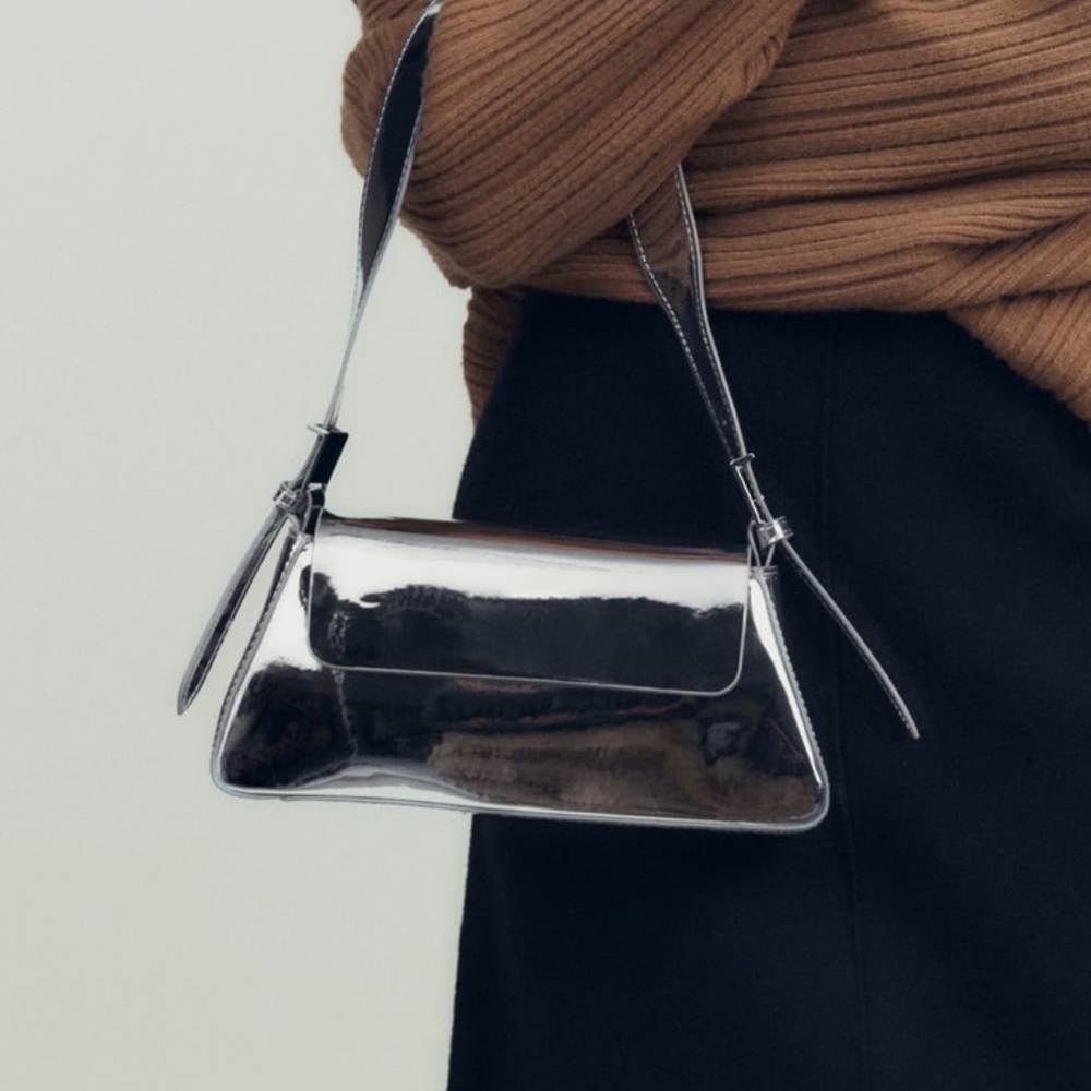 Zara silver metallic shoulder bag minimal flap bag
